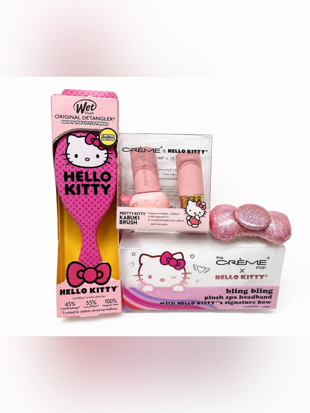 Hello Kitty 3pc Spa Gift Set Wet Brush Kabuki Brushes Headband